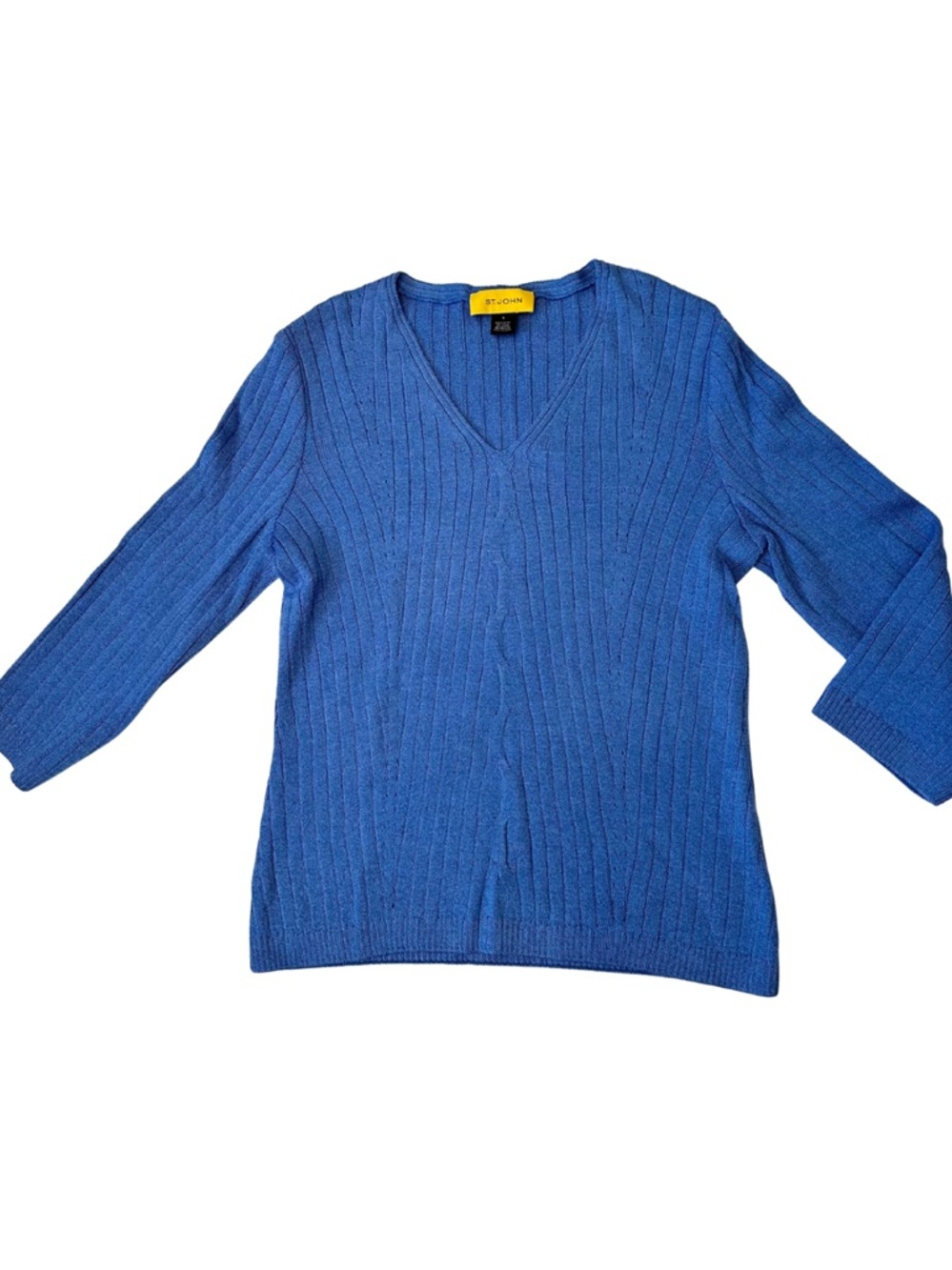 St. John Collection Blue Santana Knit Style Ribbed V-Neck 3/4th Sleeve Sz S - Picture 2 of 14